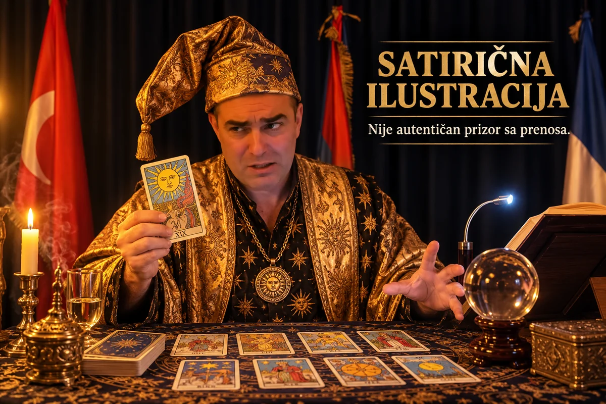 Сатирическая иллюстрация, созданная ИИ. Образ таролога — метафора недоказанного короткого пути к власти. Это не подлинный кадр трансляции и не утверждение, что в ней гадали на таро.