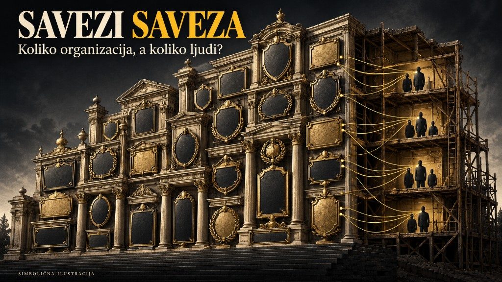 Simbolična ilustracija: fasada puna praznih grbova, a na skeli samo nekoliko ljudi. Natpis glasi Savezi saveza. Koliko organizacija, a koliko ljudi?